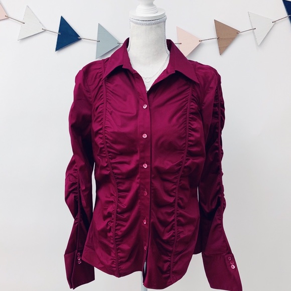 Chic Button Down Shirt w/Allover Ruching in Garnet - Picture 2 of 8